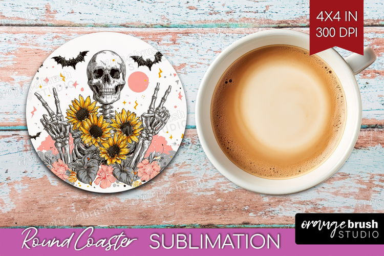 Skull Sunflowers Halloween Round Coaster Spooky Season PNG