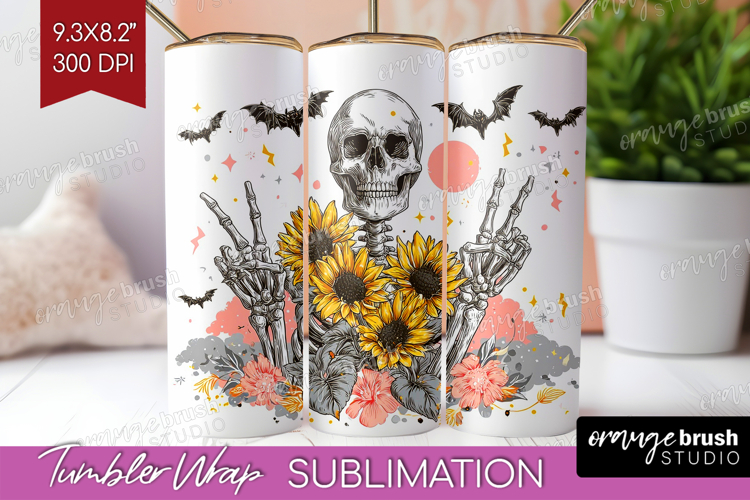 Skull Sunflowers Halloween Tumbler Wrap Spooky Season PNG