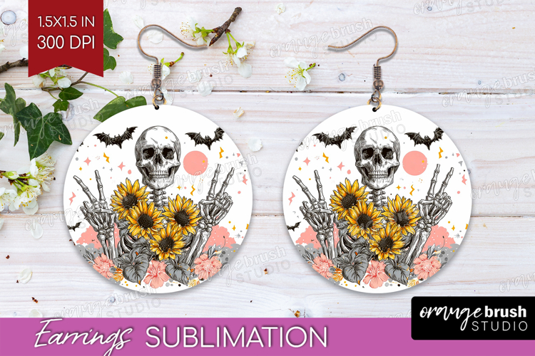 Skull Sunflowers Halloween Round Earrings Spooky Season PNG