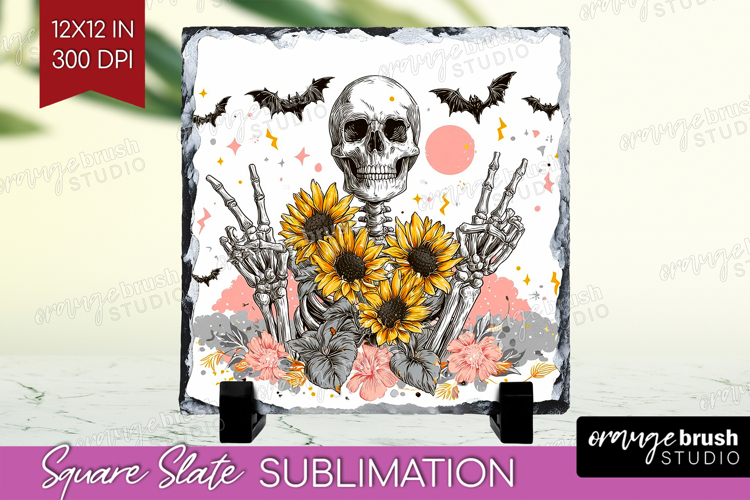 Skull Sunflowers Halloween Slate PNG Spooky Season Square