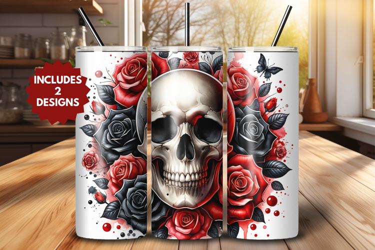 Skull 20 oz Tumbler Wrap PNG, Gothic Sublimation Design