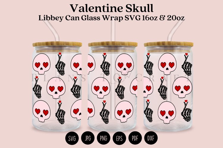 skull valentine libbey beer can glass full wrap svg presized template for 16oz and 20oz glass for Cricut Silhouette and sublimation