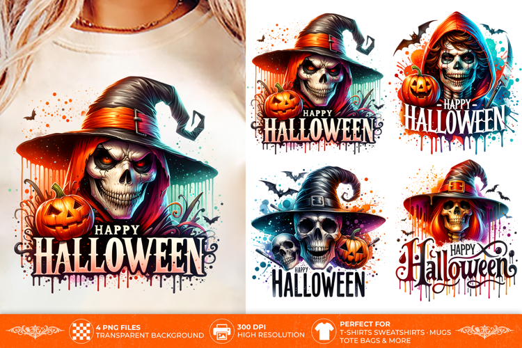 Skull Witch Pumpkin PNG - 4 Gothic Sublimation Designs