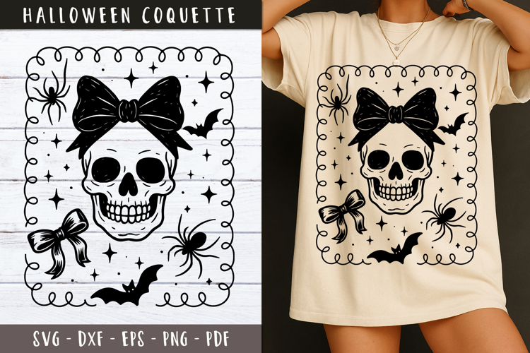 Skull with bow clipart Vintage Halloween Coquette svg