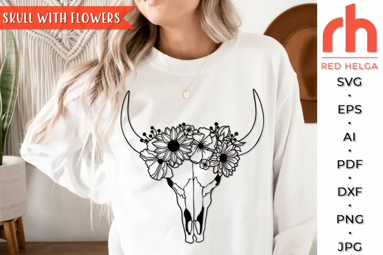 Floral Cow Skull SVG, Wildflower Skull Cut File, Cow Head