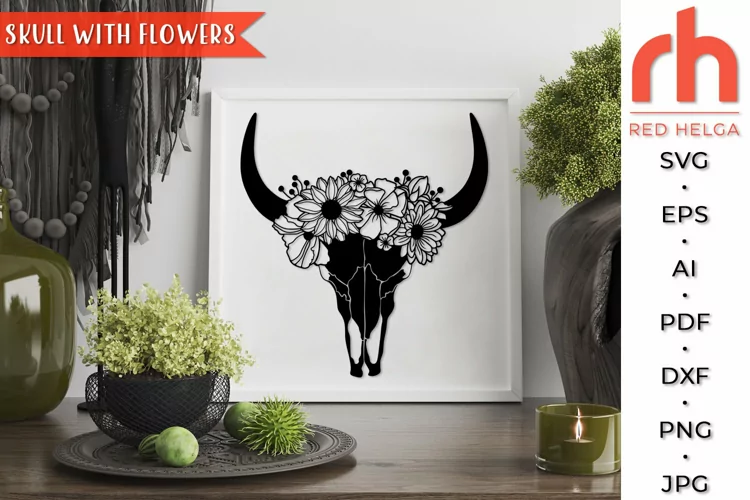 Floral Cow Skull SVG, Western Shirt Cut File, Flower Wreath