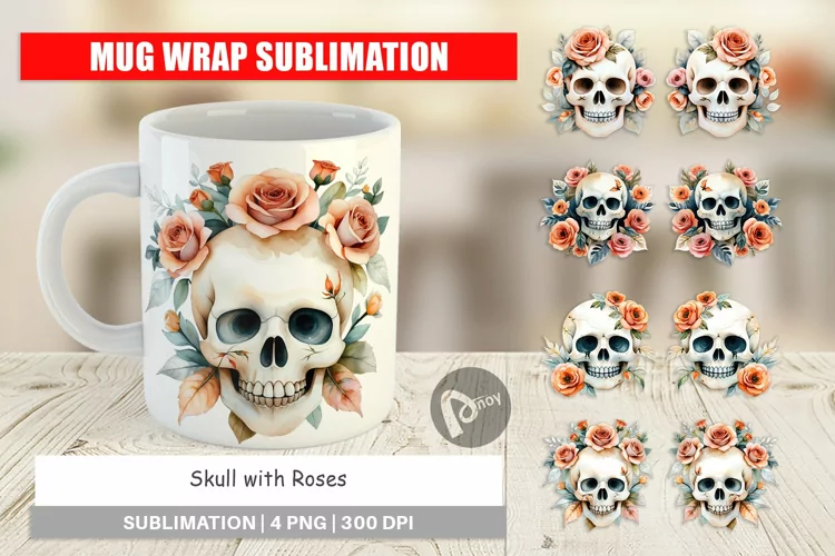 Mug Wrap Design Skull with Roses Watercolor Floral