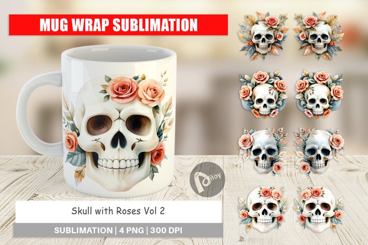 Mug Wrap Design Skull with Roses Watercolor Floral example image 1