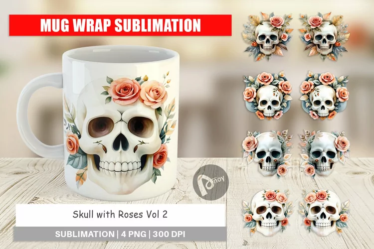 Mug Wrap Design Skull with Roses Watercolor Floral