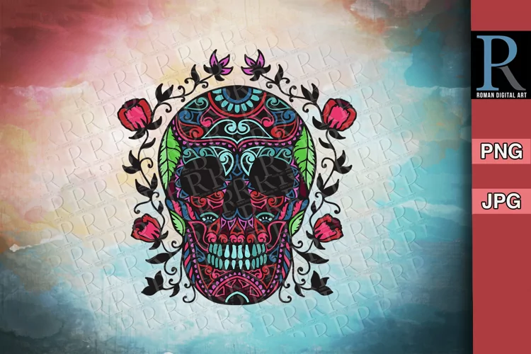 Colorful Skull PNG, Skull Sublimation Design, Mandala Skull