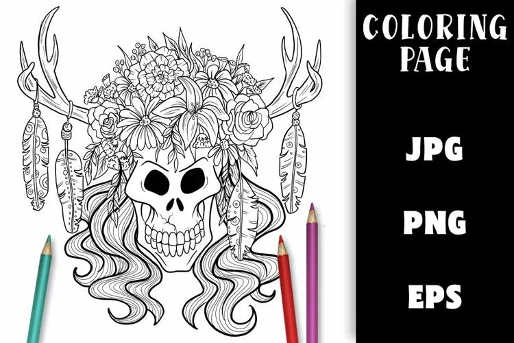 Skull and Flowers Coloring Page with Antlers