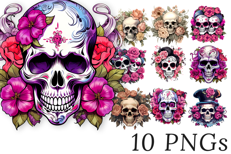 Skulls and Roses Clipart Bundle - 10 Gothic Transparent PNG