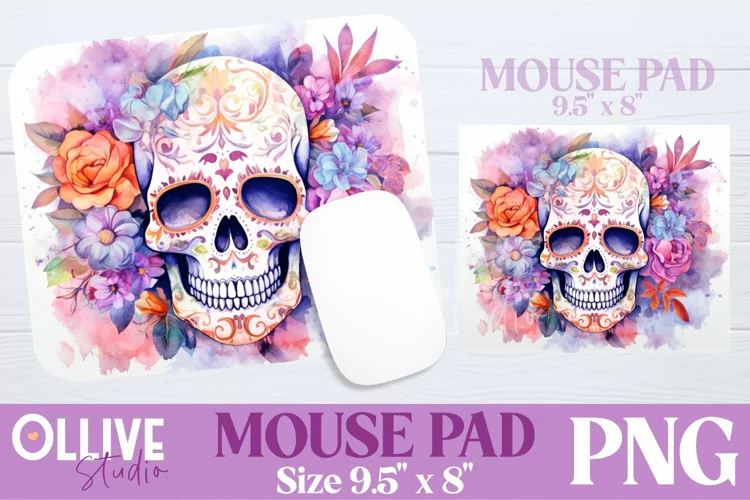 Skull Floral Watercolor Mouse Pad Sublimation PNG