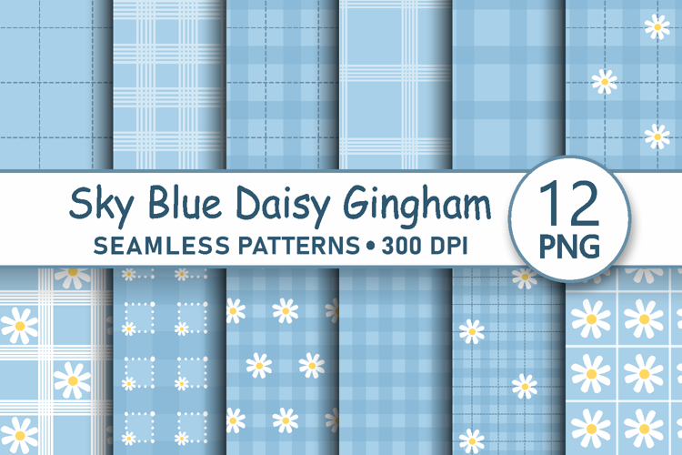 Sky blue daisy gingham seamless patterns png digital papers