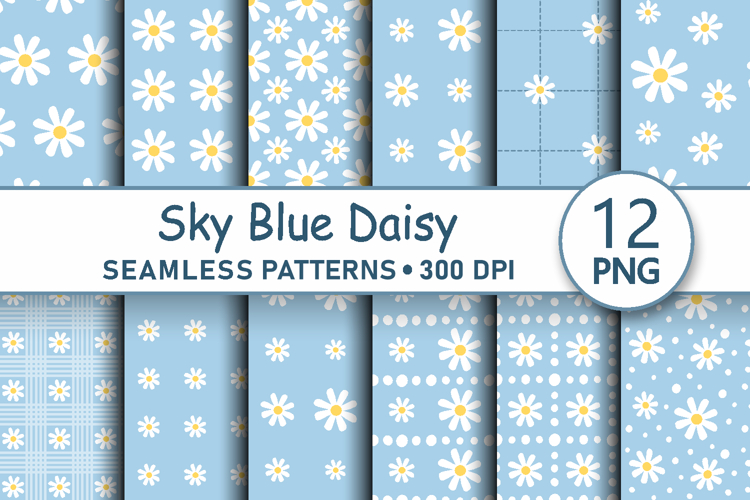 Sky blue daisy seamless patterns png Plaid digital papers