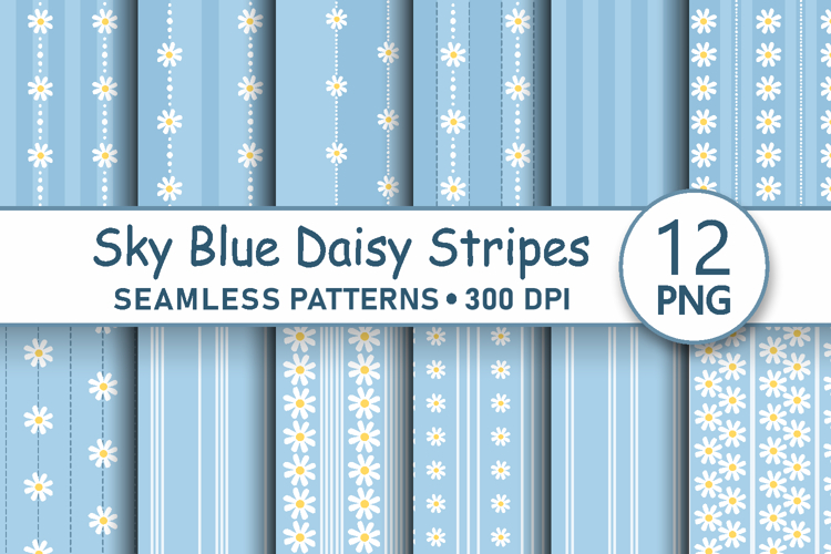Sky blue daisy striped seamless pattern png digital paper