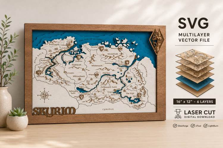 Skyrim Wooden Map SVG | 6 Layer Laser Cut Fantasy Map
