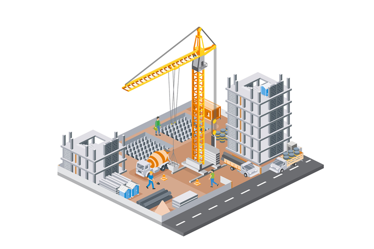 Isometric skyscraper construction site with workers, tower.