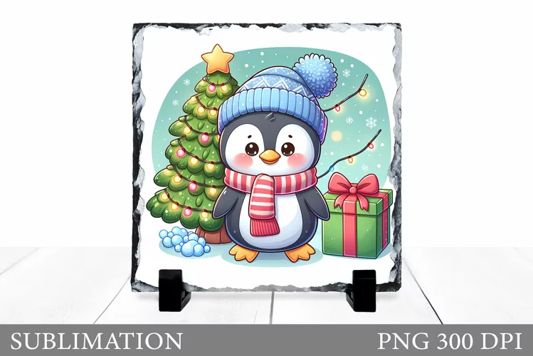 Christmas Penguin Slate Design. Cute Penguin Sublimation