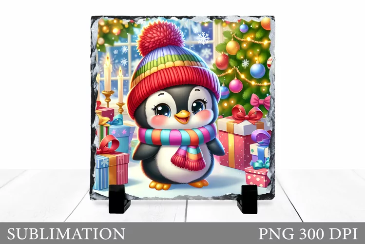Christmas Penguin Slate Design. Cute Penguin Sublimation