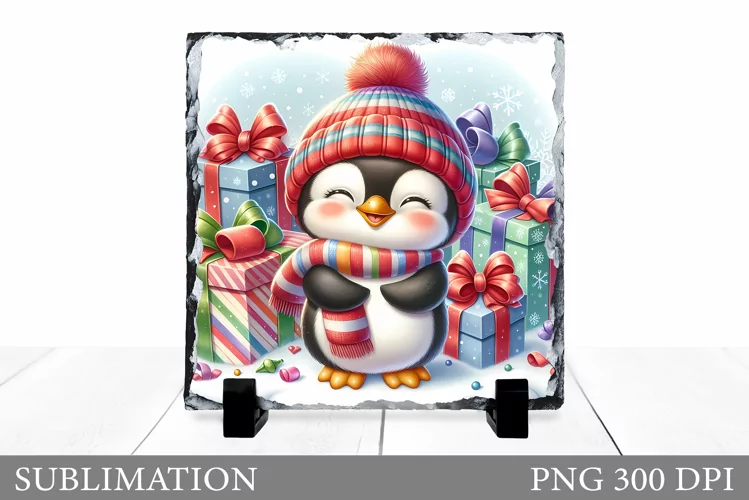 Christmas Penguin Slate Design. Cute Penguin Sublimation