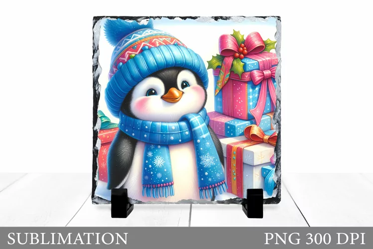 Christmas Penguin Slate Design. Cute Penguin Sublimation
