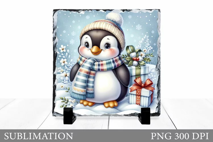 Christmas Penguin Slate Design. Cute Penguin Sublimation