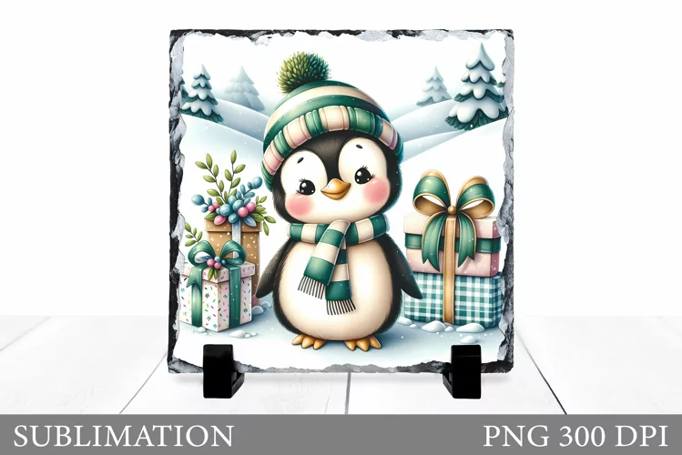 Christmas Penguin Slate Design. Cute Penguin Sublimation