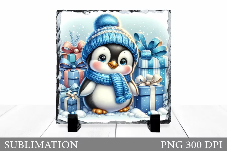 Christmas Penguin Slate Design. Cute Penguin Sublimation