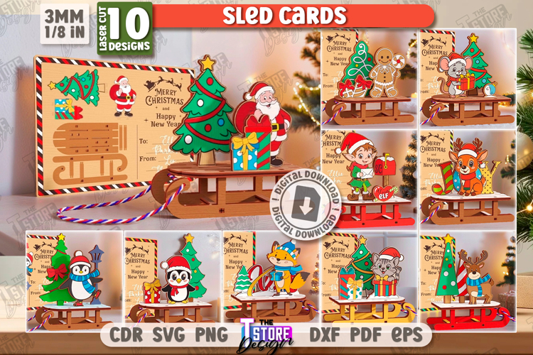 Christmas Sled Cards Laser Cut Bundle, Holiday Characters