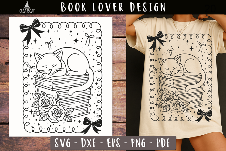 Sleeping Cat Book Stack SVG Vintage design