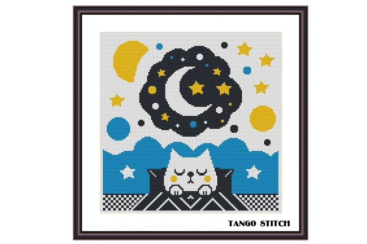 Sleeping white cat cute pets cross stitch pattern