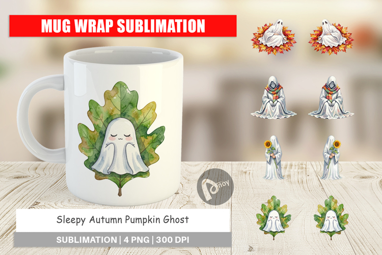Sleepy Autumn Pumpkin Ghost Mug Wrap