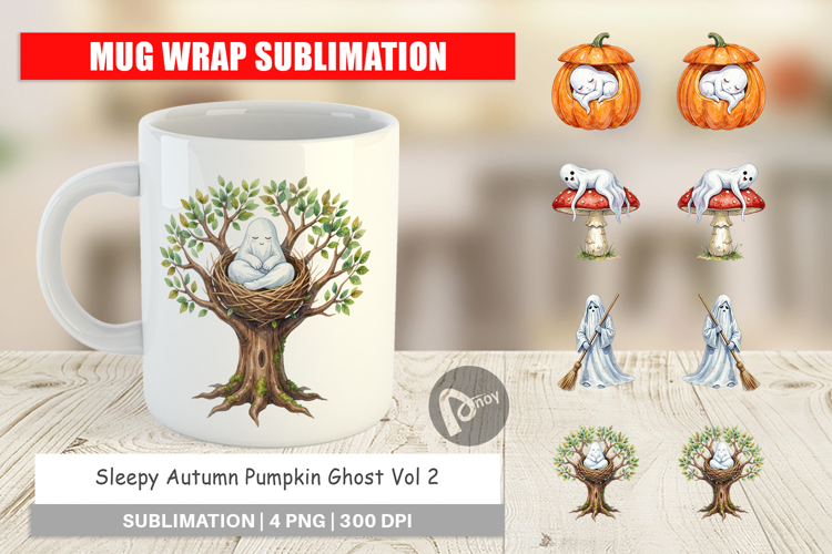 Sleepy Autumn Pumpkin Ghost Mug Wrap