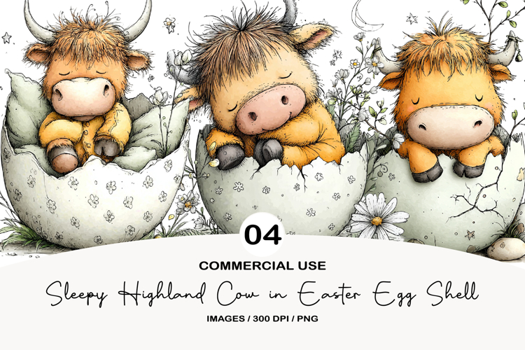 Sleepy Highland Cow in Easter Egg Shell Clipart example image 1