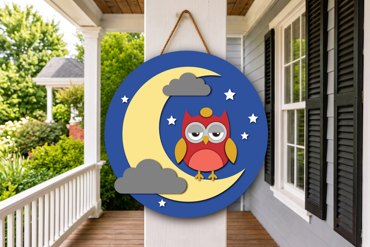 Sleepy Owl on Moon Nursery Round Sign SVG
