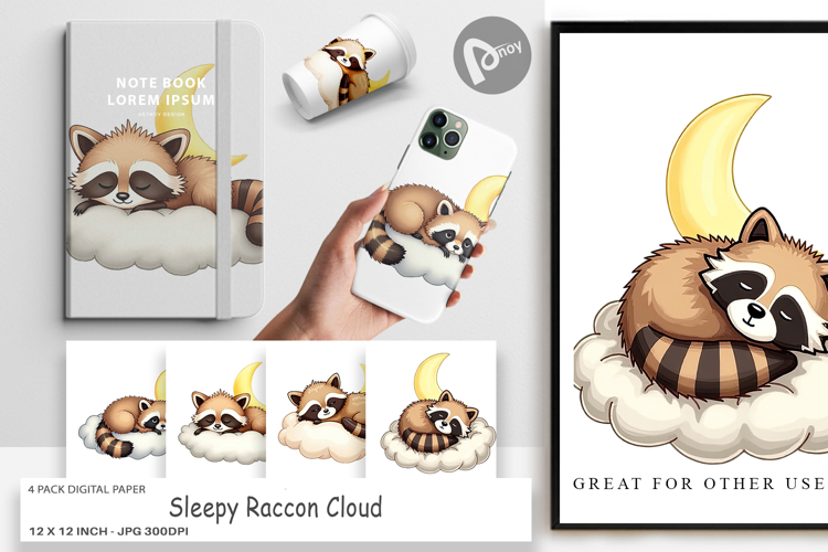 Digital Paper Sleepy Raccoon Cloud