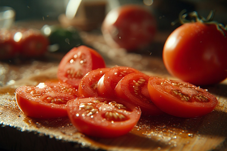 Tomato Slice On Wooden Cutting Board