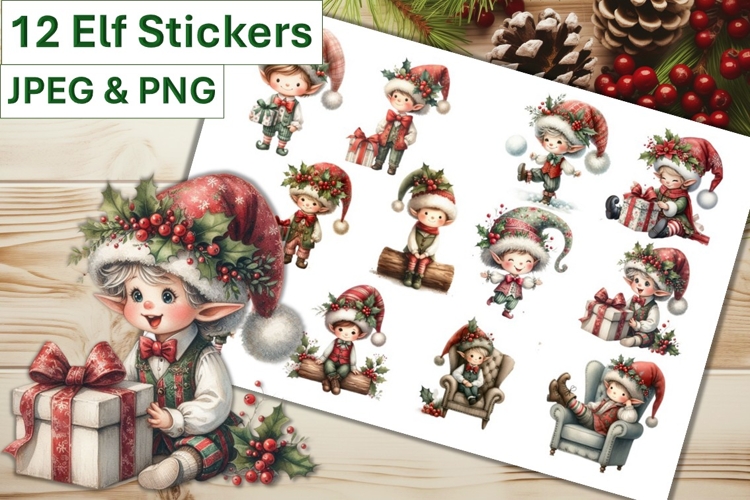 12 Christmas Elfo Stickers JPEG and PNGs