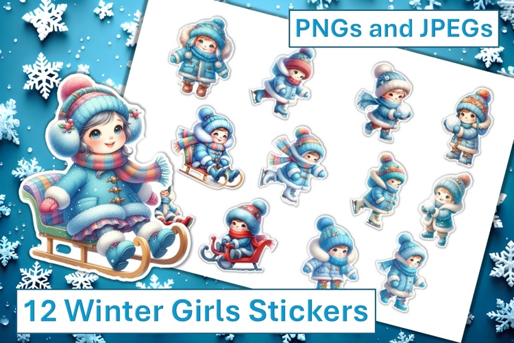 12 Winter Cute Girl Stickers JPEG & PNG