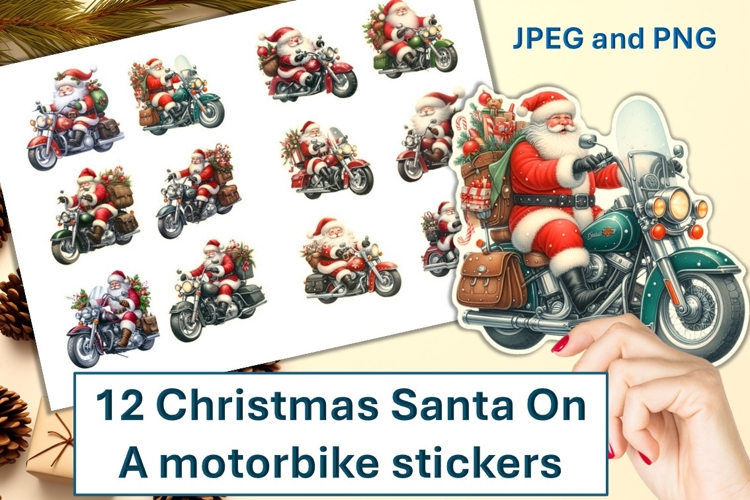 12 Christmas Santa on a Motorbike Stickers JPEG and PNGs
