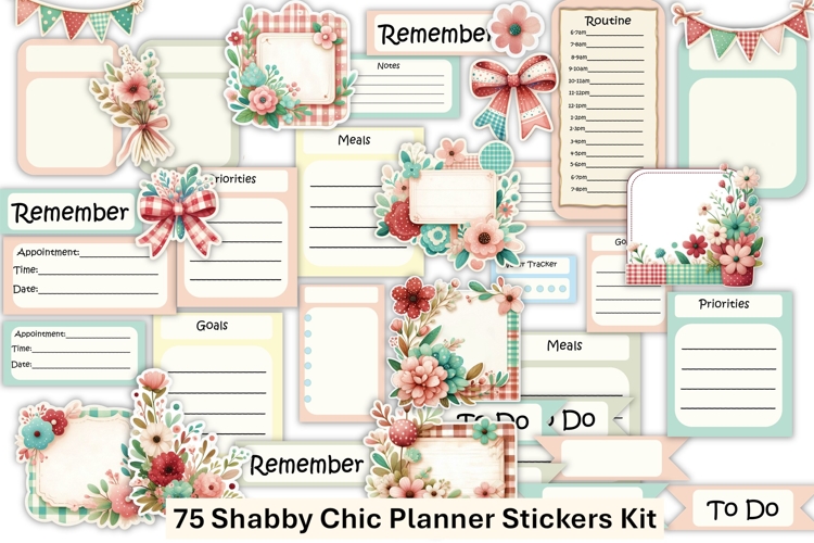 Shabby Chic Planner Stickers Kit 2 75 Items, PNGs