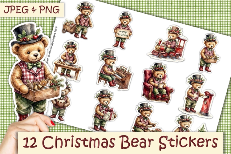 12 Cute Fergus the Christmas Bear Stickers PNG