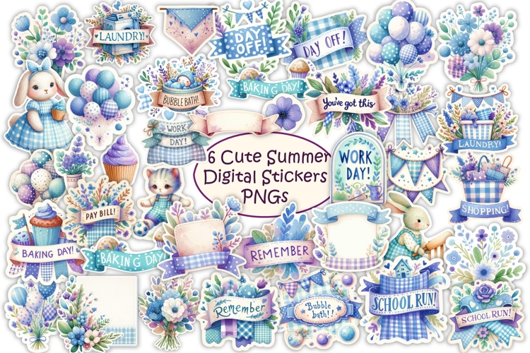 Cute Summer Planner Stickers Kit 66 Items, PNGs example image 1