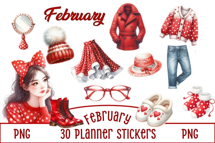 30 February Valentine Planner Stickers PNGs
