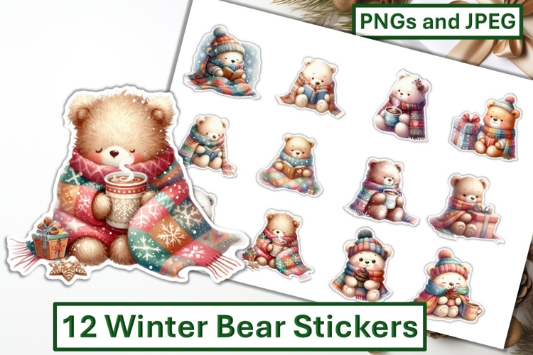 12 Winter Bear Stickers JPEG & PNG