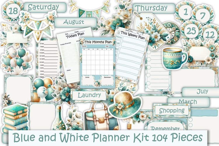 Shabby Chic Blue and White Planner Stickers Kit 104Items,