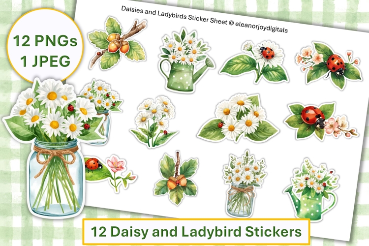Cute Ladybird and Daisies Stickers PNG