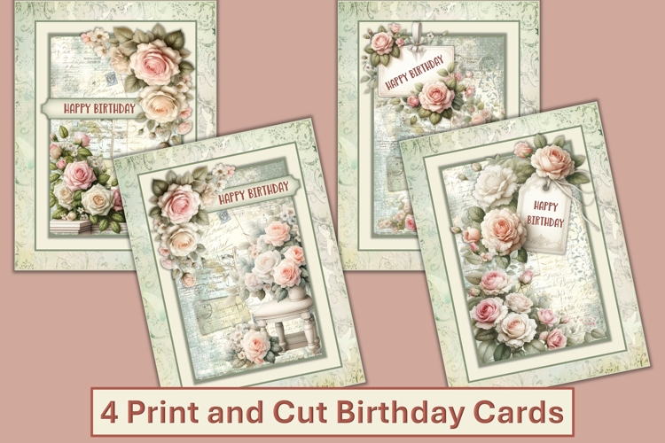 4 Shabby Chic Birthday Cards. Print and cut