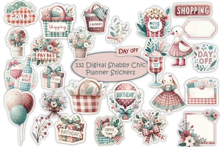 Shabby Chic Planner Stickers Kit 106 Items, PNGs